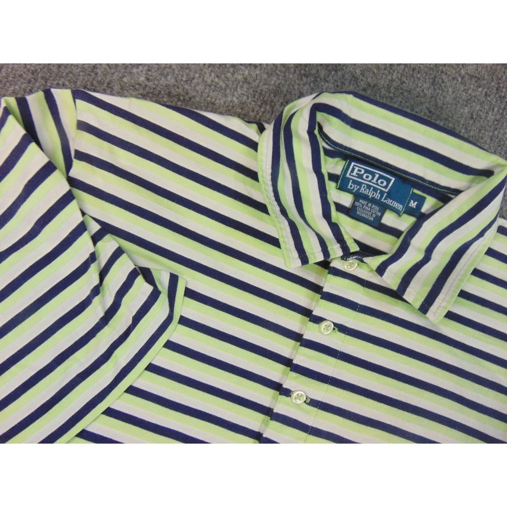 Polo Ralph Lauren Shirt Mens Med Lime‎ Green Blue Striped Cotton Polo Pocket